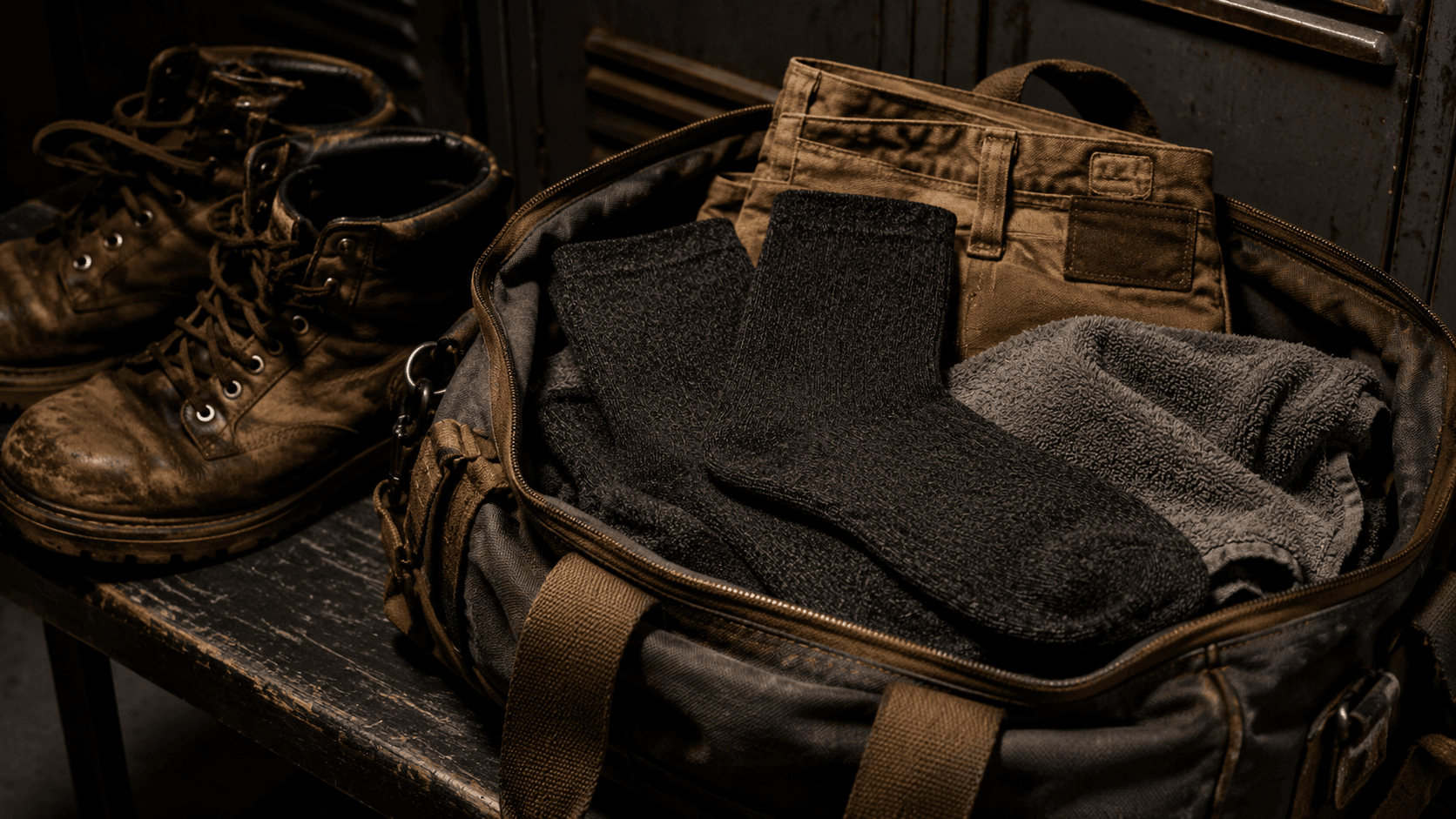 Locker and gear bag — socks packed after a warm shift