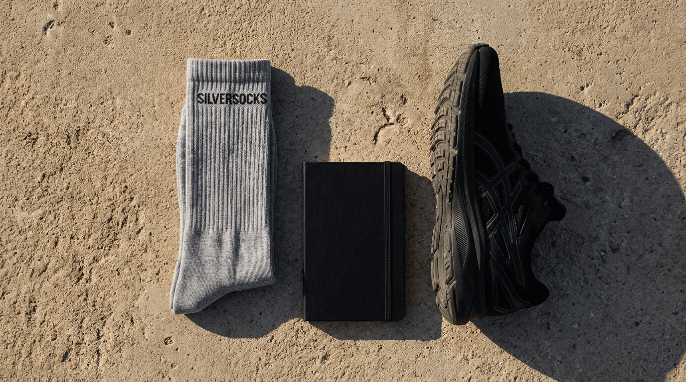 Flat lay — ordered low-calf socks with boots nearby